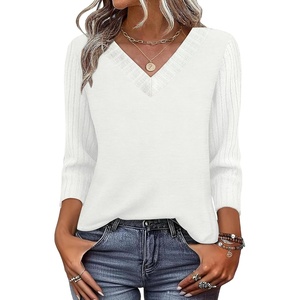 image:imageWIHOLL 34 Length Sleeve Womens Tops Lightweight Summer Fall Outfits  Ribbed Sleeve Patchwork V Neck Color Block Loose Fit Curved HemWhite