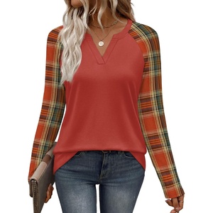image:imageWIHOLL Long Sleeve Shirts for Women Color Block Raglan Tops Fall FashionCaramel Plaid