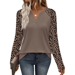 image:imageWIHOLL Long Sleeve Shirts for Women Color Block Raglan Tops Fall FashionLeopard Coffee
