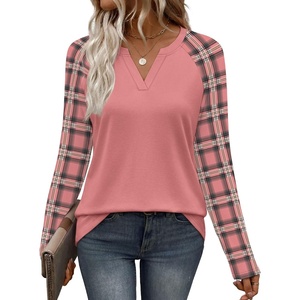 image:imageWIHOLL Long Sleeve Shirts for Women Color Block Raglan Tops Fall FashionPink Plaid