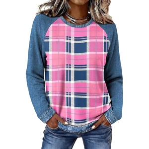 image:imageWIHOLL Long Sleeve Shirts for Women Crewneck Tops Fall Clothes Outfits 2026  Dressy Casual Crewneck Striped Teacher T Shirts Winter Trendy Cute Sweatshirt for Vacation Travel Date Office Work 2026Plaid Pink Imitation Denim