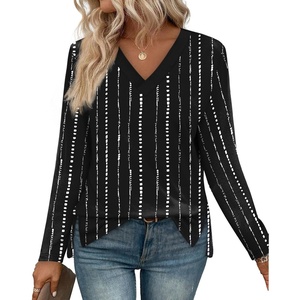 image:imageWIHOLL Long Sleeve Shirts for Women V Neck Casual Tops V Neck Fall Clothes 2025 FashionB  Stripe Black