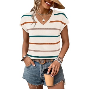 image:imageWIHOLL Short Sleeve Sweater for Women V Neck Trendy Summer Tops 2026 Spring Fashion Clothing Business Casual OutfitsZ  Green Apricot Stripes