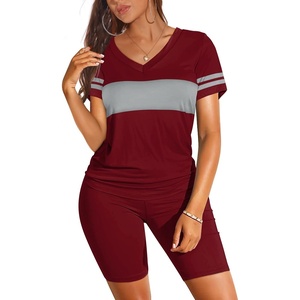 image:imageWIHOLL Two Piece Outfits for Women Short Sleeve V Neck Biker Shorts Set 20263wine Red