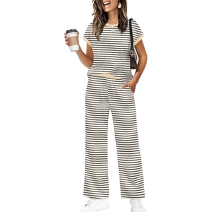 image:imageWIHOLL Two Piece Sets for Women Summer Spring Outfits Travel Cruise Resort Wear 2026 Beach Vacation Palazzo Pants SetBeige Black Stripe