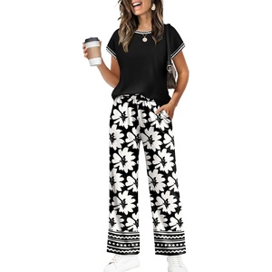 image:imageWIHOLL Two Piece Sets for Women Summer Spring Outfits Travel Cruise Resort Wear 2026 Beach Vacation Palazzo Pants SetBlack Flower