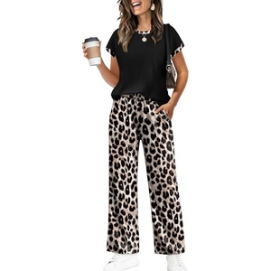 image:imageWIHOLL Two Piece Sets for Women Summer Spring Outfits Travel Cruise Resort Wear 2026 Beach Vacation Palazzo Pants SetBlack Leopard Print