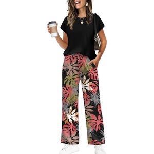 image:imageWIHOLL Two Piece Sets for Women Summer Spring Outfits Travel Cruise Resort Wear 2026 Beach Vacation Palazzo Pants SetBlack Pink Leaf
