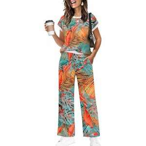 image:imageWIHOLL Two Piece Sets for Women Summer Spring Outfits Travel Cruise Resort Wear 2026 Beach Vacation Palazzo Pants SetTropical Palm Leaf Print
