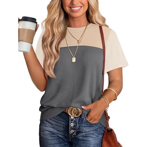 image:imageWIHOLL Womens Fashion 2026 Color Block Shirts Short Sleeve Knitted Summer Fall Tops Casual TrendyBeige Gray