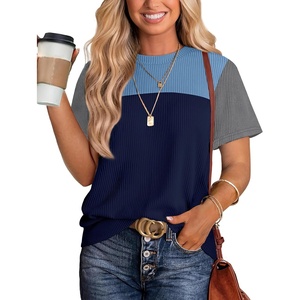 image:imageWIHOLL Womens Fashion 2026 Color Block Shirts Short Sleeve Knitted Summer Fall Tops Casual TrendyGray Blue