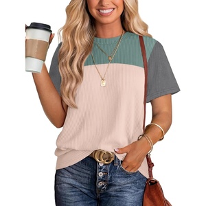 image:imageWIHOLL Womens Fashion 2026 Color Block Shirts Short Sleeve Knitted Summer Fall Tops Casual TrendyGreen