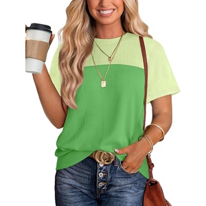 image:imageWIHOLL Womens Fashion 2026 Color Block Shirts Short Sleeve Knitted Summer Fall Tops Casual TrendyGreen3