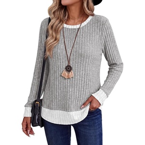 image:imageWIHOLL Womens Long Sleeve Shirts Lightweight Sweaters Tunic Tops Fall Outfits 2026 Color Block Fashion ClothingGray