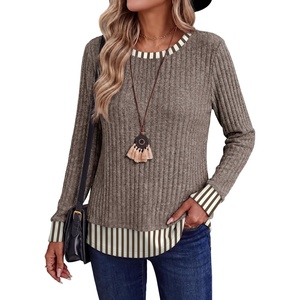 image:imageWIHOLL Womens Long Sleeve Shirts Lightweight Sweaters Tunic Tops Fall Outfits 2026 Color Block Fashion ClothingKhakistriped