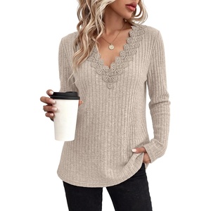 image:imageWIHOLL Womens Long Sleeve Tops V Neck Lace Trim Dressy Casual Fall Outfits SweatersBeige