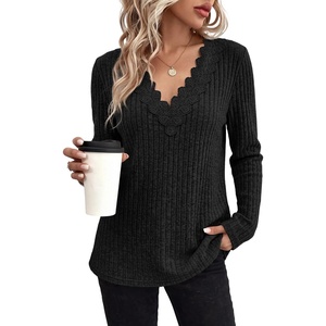 image:imageWIHOLL Womens Long Sleeve Tops V Neck Lace Trim Dressy Casual Fall Outfits SweatersBlack