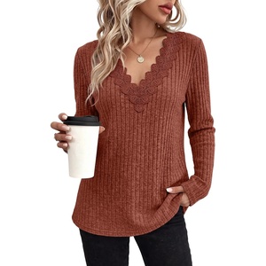 image:imageWIHOLL Womens Long Sleeve Tops V Neck Lace Trim Dressy Casual Fall Outfits SweatersCaramel