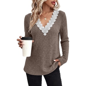 image:imageWIHOLL Womens Long Sleeve Tops V Neck Lace Trim Dressy Casual Fall Outfits SweatersCoffee