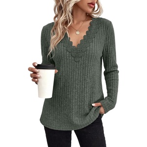 image:imageWIHOLL Womens Long Sleeve Tops V Neck Lace Trim Dressy Casual Fall Outfits SweatersDarkgreen
