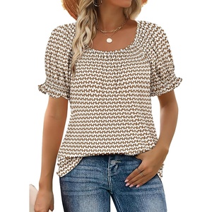 image:imageWIHOLL Womens Short Sleeve Square Neck Summer Tops Dressy Casual Blouses Trendy Clothes 2026Brown Geometric Print