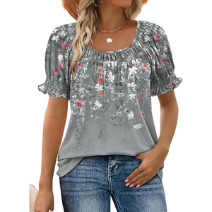 image:imageWIHOLL Womens Short Sleeve Square Neck Summer Tops Dressy Casual Blouses Trendy Clothes 2026Floral Grey