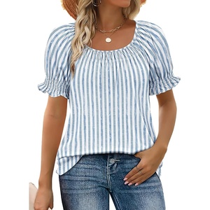 image:imageWIHOLL Womens Short Sleeve Square Neck Summer Tops Dressy Casual Blouses Trendy Clothes 2026White Blue Stripes