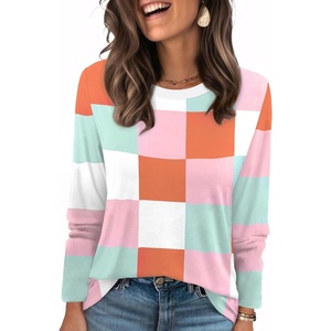 image:imageWIHOLL Womens Striped Long Sleeve Shirts Spring Outfits 2026 Color Block Tops Fashion Clothing Ribbed Crewneck Tee BlousesForange Plaid
