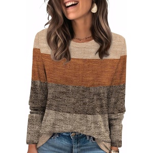 image:imageWIHOLL Womens Striped Long Sleeve Shirts Spring Outfits 2026 Color Block Tops Fashion Clothing Ribbed Crewneck Tee BlousesHkhaki Stripe