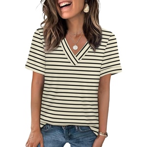 image:imageWIHOLL Womens Summer Tops Short Sleeve Basic Casual V Neck T Shirts Trendy Fashion 2026Z Apricot Black Stripes