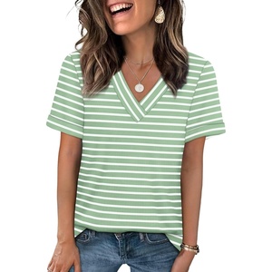 image:imageWIHOLL Womens Summer Tops Short Sleeve Basic Casual V Neck T Shirts Trendy Fashion 2026Z Green White Stripes