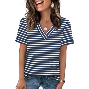 image:imageWIHOLL Womens Summer Tops Short Sleeve Basic Casual V Neck T Shirts Trendy Fashion 2026Z Navy White Stripes