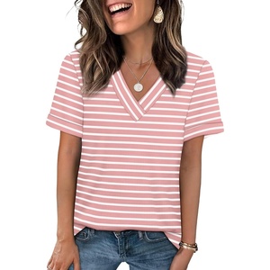 image:imageWIHOLL Womens Summer Tops Short Sleeve Basic Casual V Neck T Shirts Trendy Fashion 2026Z Pink White Stripes