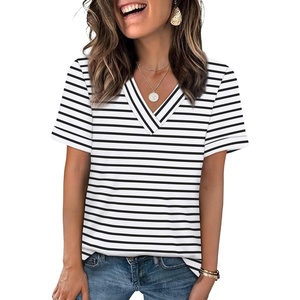 image:imageWIHOLL Womens Summer Tops Short Sleeve Basic Casual V Neck T Shirts Trendy Fashion 2026Z White Black Stripes