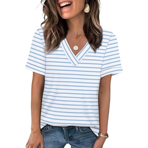 image:imageWIHOLL Womens Summer Tops Short Sleeve Basic Casual V Neck T Shirts Trendy Fashion 2026Z White Blue Stripes