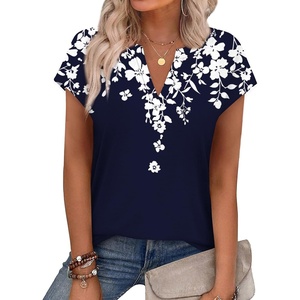 image:imageWIHOLL Womens Summer Tops V Neck T Shirts Cap Sleeve Business Casual Outfits Loose Fit Beach Vacation Clothes Basic TeesBlue Leaf Print