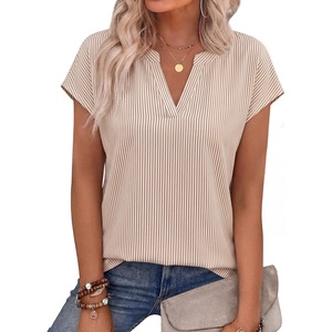 image:imageWIHOLL Womens Summer Tops V Neck T Shirts Cap Sleeve Business Casual Outfits Loose Fit Beach Vacation Clothes Basic TeesBrown Stripe 2