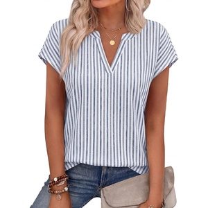 image:imageWIHOLL Womens Summer Tops V Neck T Shirts Cap Sleeve Business Casual Outfits Loose Fit Beach Vacation Clothes Basic TeesGrey Blue Stripe