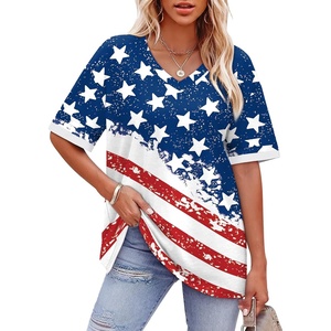 image:imageWIHOLL Womens T Shirts Loose Fit Short Sleeve Tees V Neck Color Block Summer Tops 2026 Fashion S4XLFlag Print