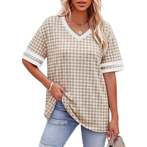 image:imageWIHOLL Womens T Shirts Loose Fit Short Sleeve Tees V Neck Color Block Summer Tops 2026 Fashion S4XLLight Khaki Gingham