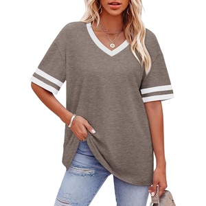 image:imageWIHOLL Womens T Shirts Loose Fit Short Sleeve Tees V Neck Color Block Summer Tops 2026 Fashion S4XLLight Taupe