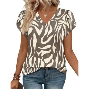 image:imageWIHOLL Womens Tops Dressy Casual Petal Sleeve Summer Spring Short Sleeve V Neck Shirts Work Business Vacation Clothes 2026Brown Zebra Pattern