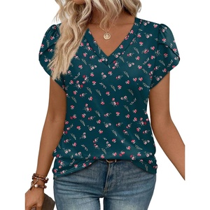 image:imageWIHOLL Womens Tops Dressy Casual Petal Sleeve Summer Spring Short Sleeve V Neck Shirts Work Business Vacation Clothes 2026Floral Navy Blue Pink Flowers