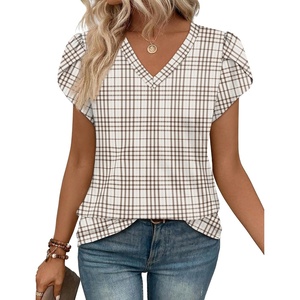 image:imageWIHOLL Womens Tops Dressy Casual Petal Sleeve Summer Spring Short Sleeve V Neck Shirts Work Business Vacation Clothes 2026Floral Plaid