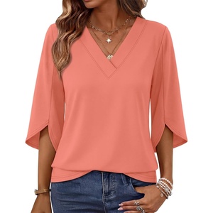image:imageWIHOLL Womens Tops Summer Outfits 2026 V Neck Shirts Womens Blouses Dressy Casual Bell Sleeve Fashion Clothing01 Coral