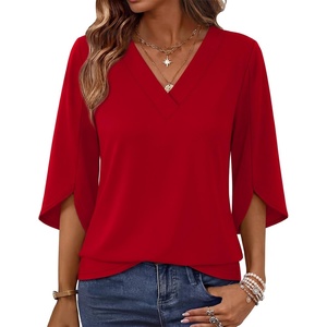 image:imageWIHOLL Womens Tops Summer Outfits 2026 V Neck Shirts Womens Blouses Dressy Casual Bell Sleeve Fashion Clothing01 Red
