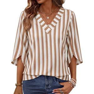 image:imageWIHOLL Womens Tops Summer Outfits 2026 V Neck Shirts Womens Blouses Dressy Casual Bell Sleeve Fashion Clothing02 Striped