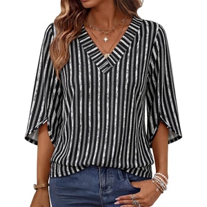 image:imageWIHOLL Womens Tops Summer Outfits 2026 V Neck Shirts Womens Blouses Dressy Casual Bell Sleeve Fashion Clothing02 Striped Black