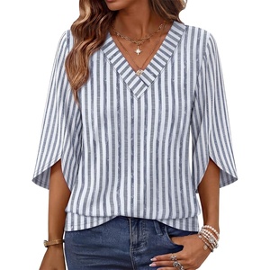 image:imageWIHOLL Womens Tops Summer Outfits 2026 V Neck Shirts Womens Blouses Dressy Casual Bell Sleeve Fashion Clothing02 Striped Blue