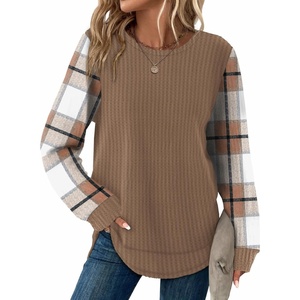 image:imageWIHOLL Womens Waffle Knit Tunic Tops Fall Long Sleeve Shirts Curved Hem  CrewneckLoose FitFashion ClothingTravel Vacation OutfitsLightweightBusiness CasualComfySoftCuteZdbrown Checkered
